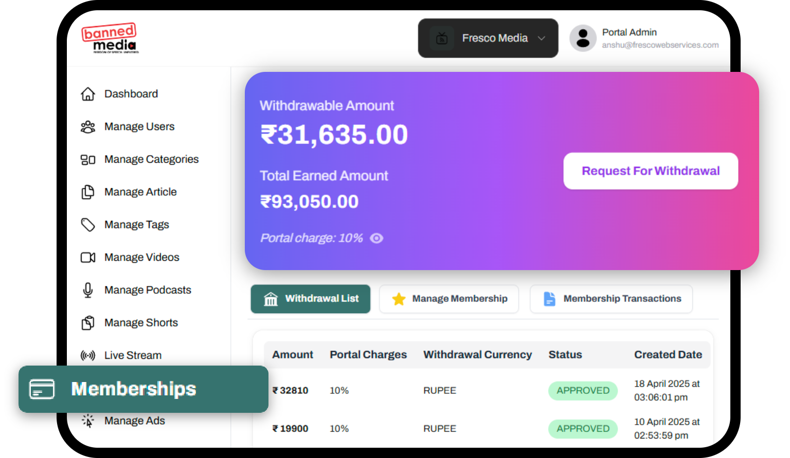 Platform dashboard showing earnings